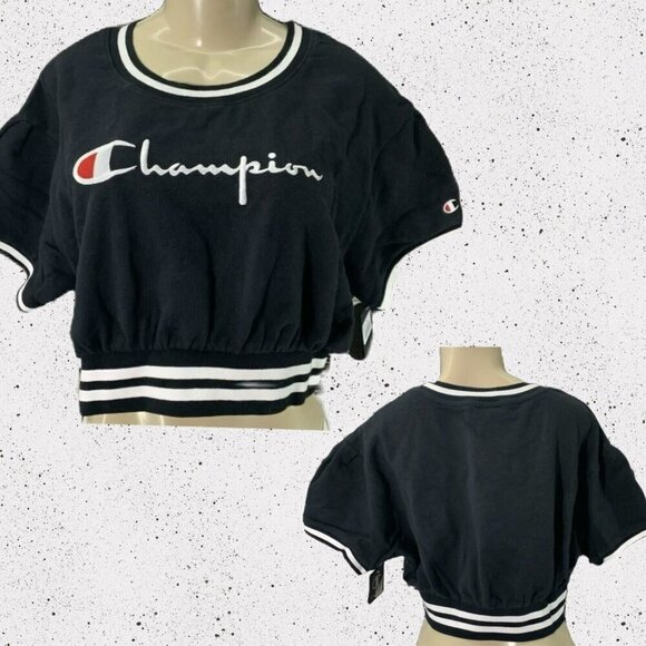 Champion XL Black Logo Fleece Lined Ribbed Trim Short Sleeve Crop Sweatshirt - Picture 1 of 6